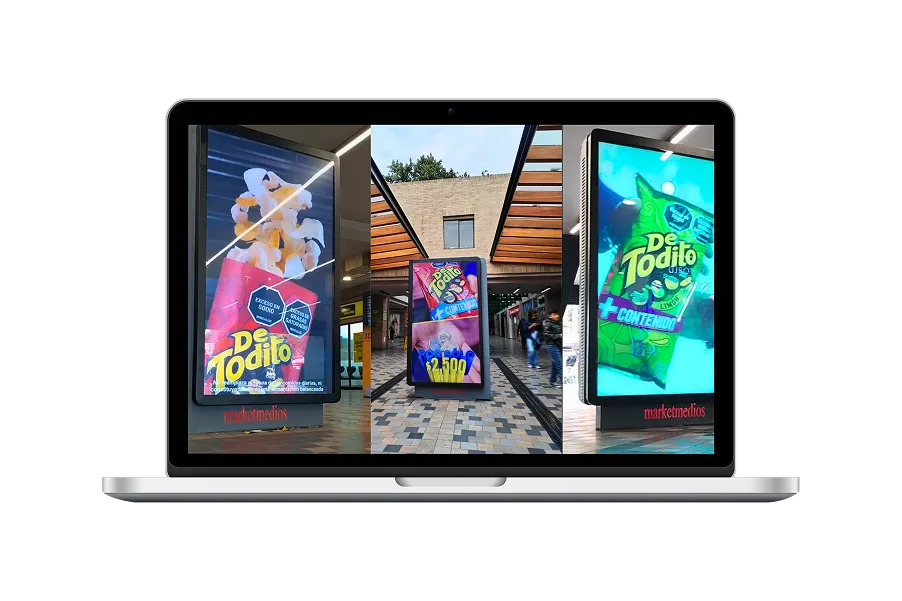 Pantallas publicitarias digitales exteriores mostrando promociones de productos De Todito