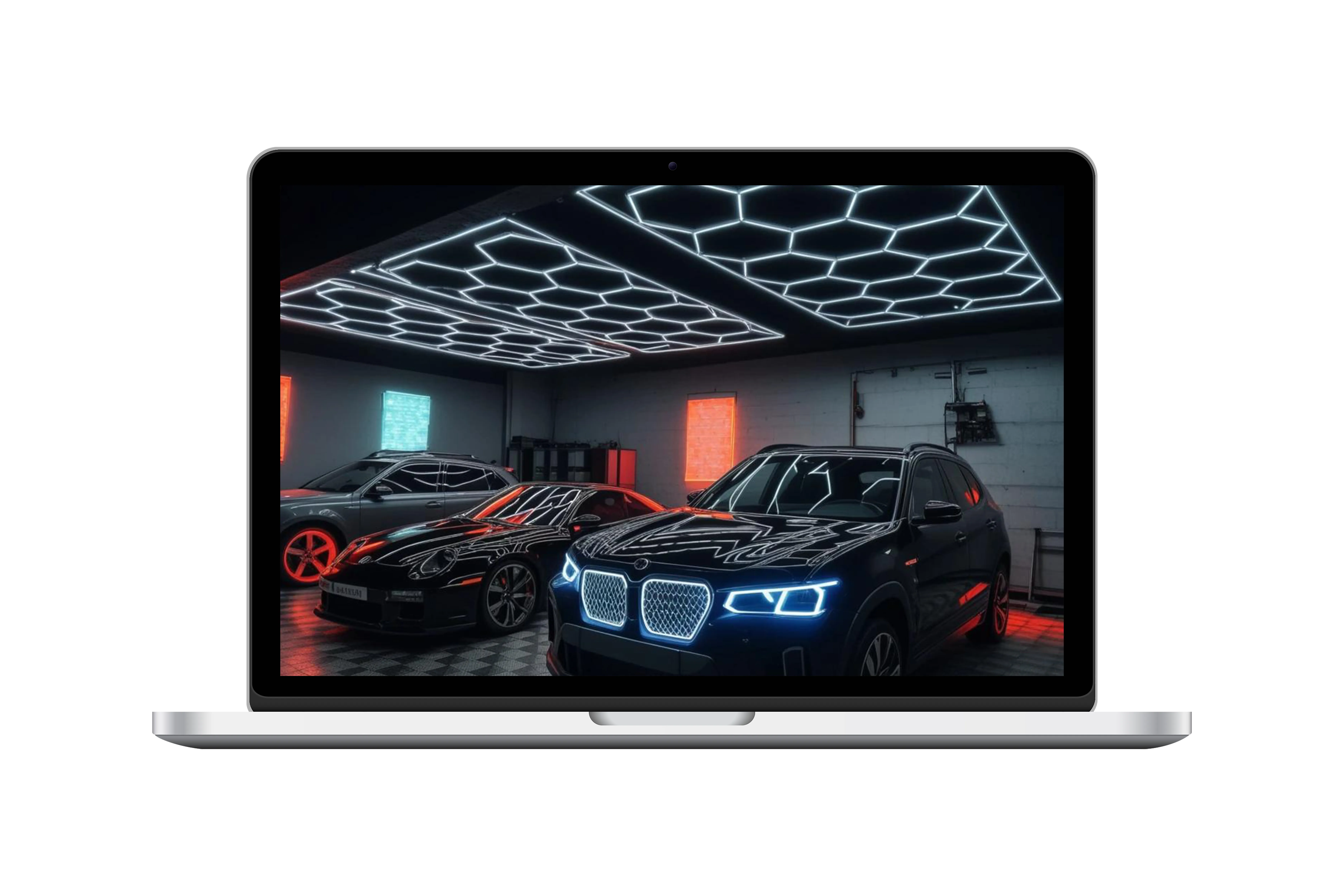 Taller automotriz con iluminación LED hexagonal moderna en el techo